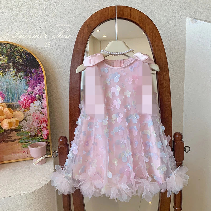 Girls' New Summer Sleeveless Sweet Peach Pink Colorful Three-Dimensional Butterfly Mesh Dress