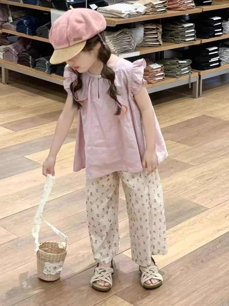 Girls Kids Puff Sleeve Top Wide Leg Pants Set 2026 New Fashion Sleeveless Babydoll Blouse 2 Piece Outfit for Summer