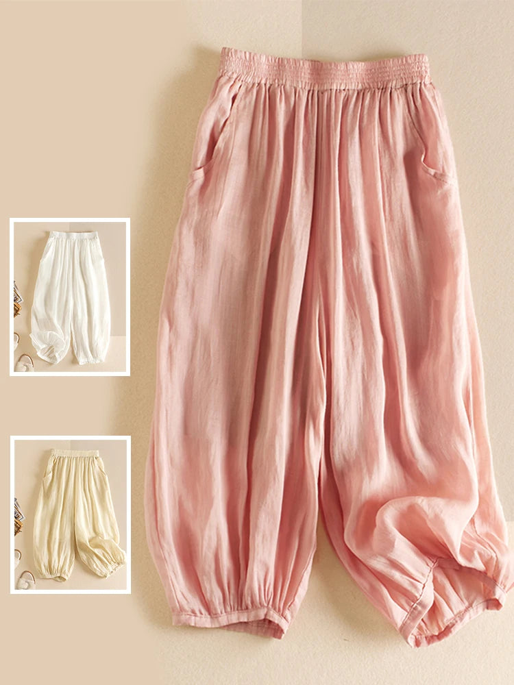 Summer Casual Cotton Linen Double Layer Lantern Pants Loose Elastic Waist Pure Color Wide Leg Harem Trousers for plus Size Women