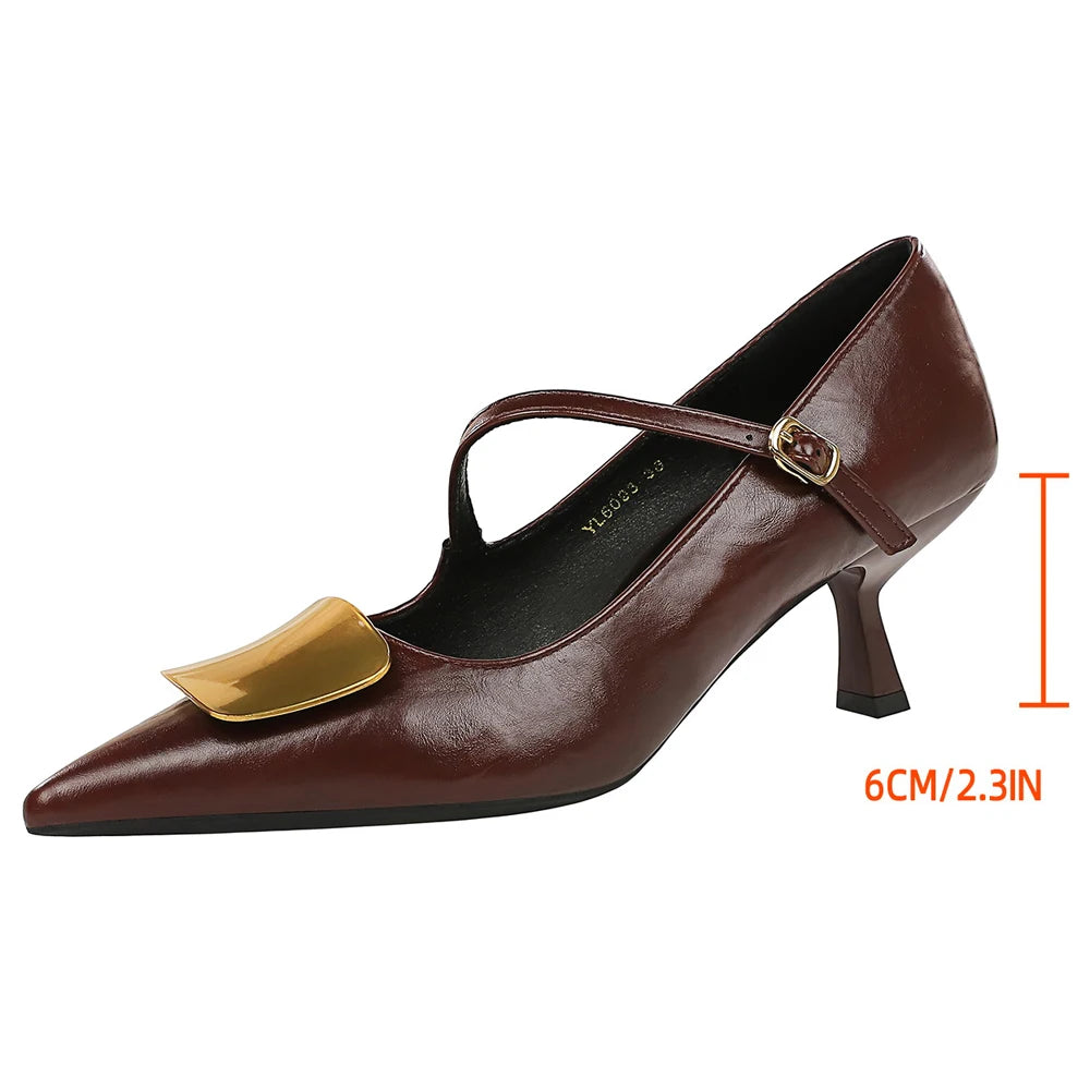 BIGTREE Shoes Metal Decoration Women Pumps Kitten Heels 6 cm Pointed Women Shoes Stiletto Retro Middle Heel Shoes Banquet Shoes