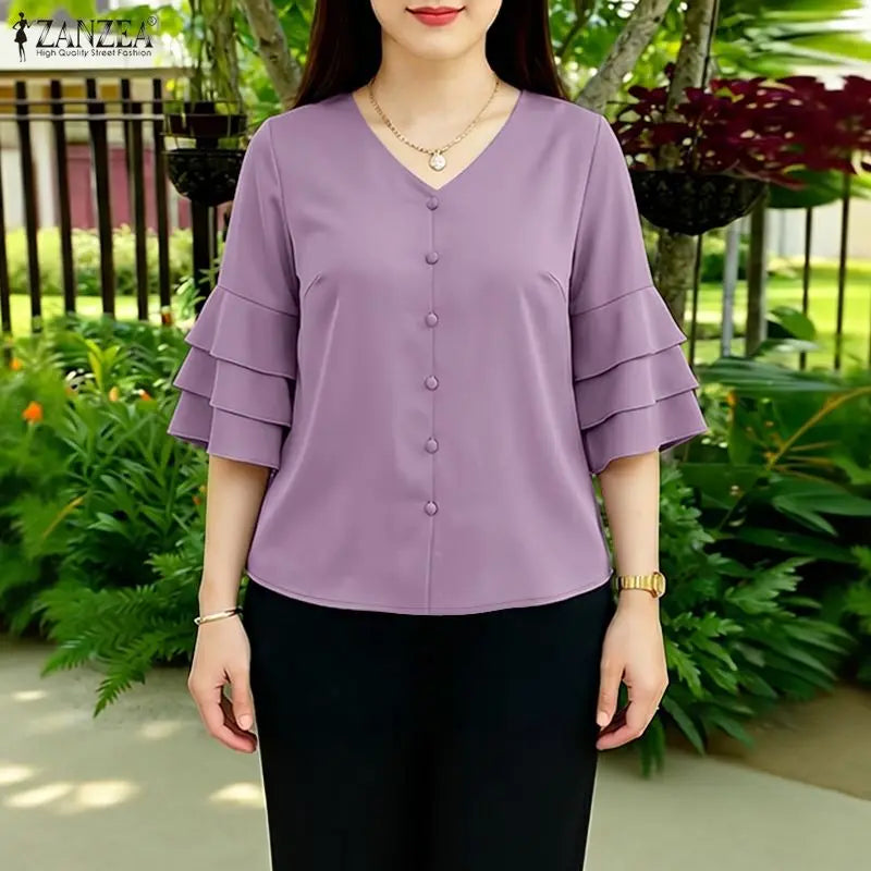 ZANZEA Woman Casual Blouses Elegant V-Neck 3/4 Layered Ruffle Sleeves Solid Color Tops 2026 Summer Everyday Wear Work Blusas