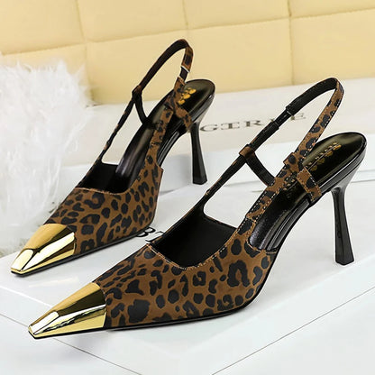 Summer Women's Sandals Leopard Print High Heels Metal Pointed Tip High Heeled Sandals Rear Empty Rear Strap Stiletto Heels Lady