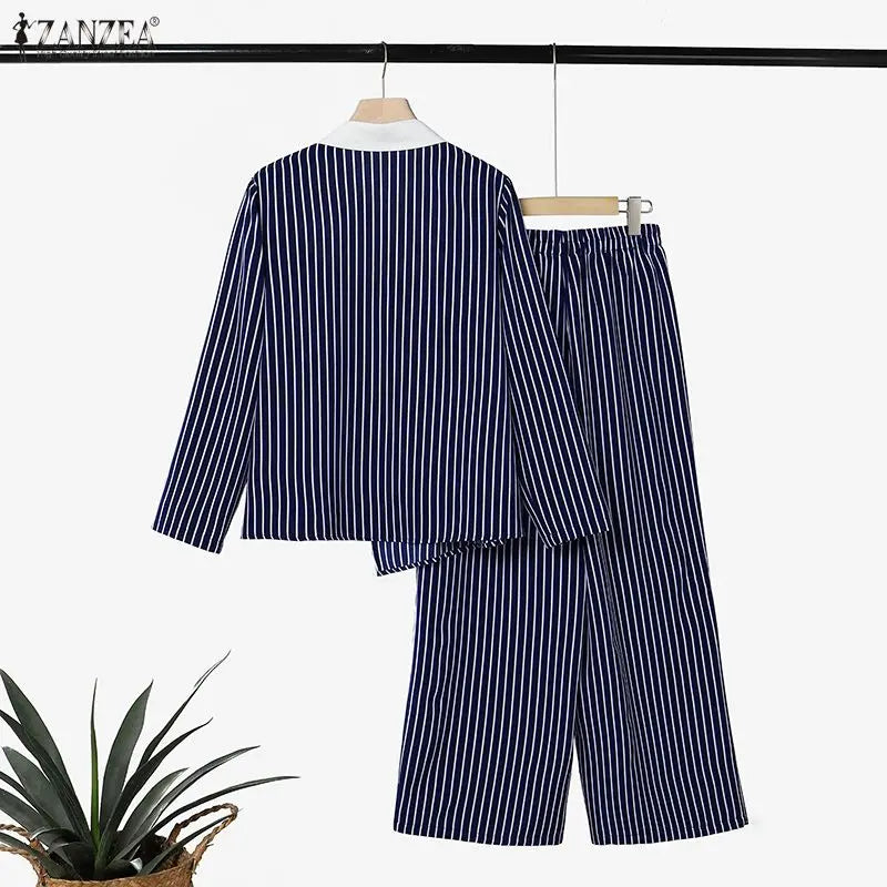 ZANZEA Women's Striped 2-Piece Sets Color-Blocked Long Sleeve Blouse & Wide Leg Pant Matching Sets Autumn Elegant Chic Co-ords