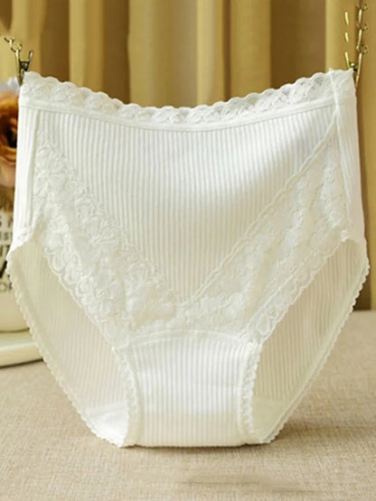 Women High-Waist Cotton Underwear Breathable Seamless Lace Trim Comfortable  Panties