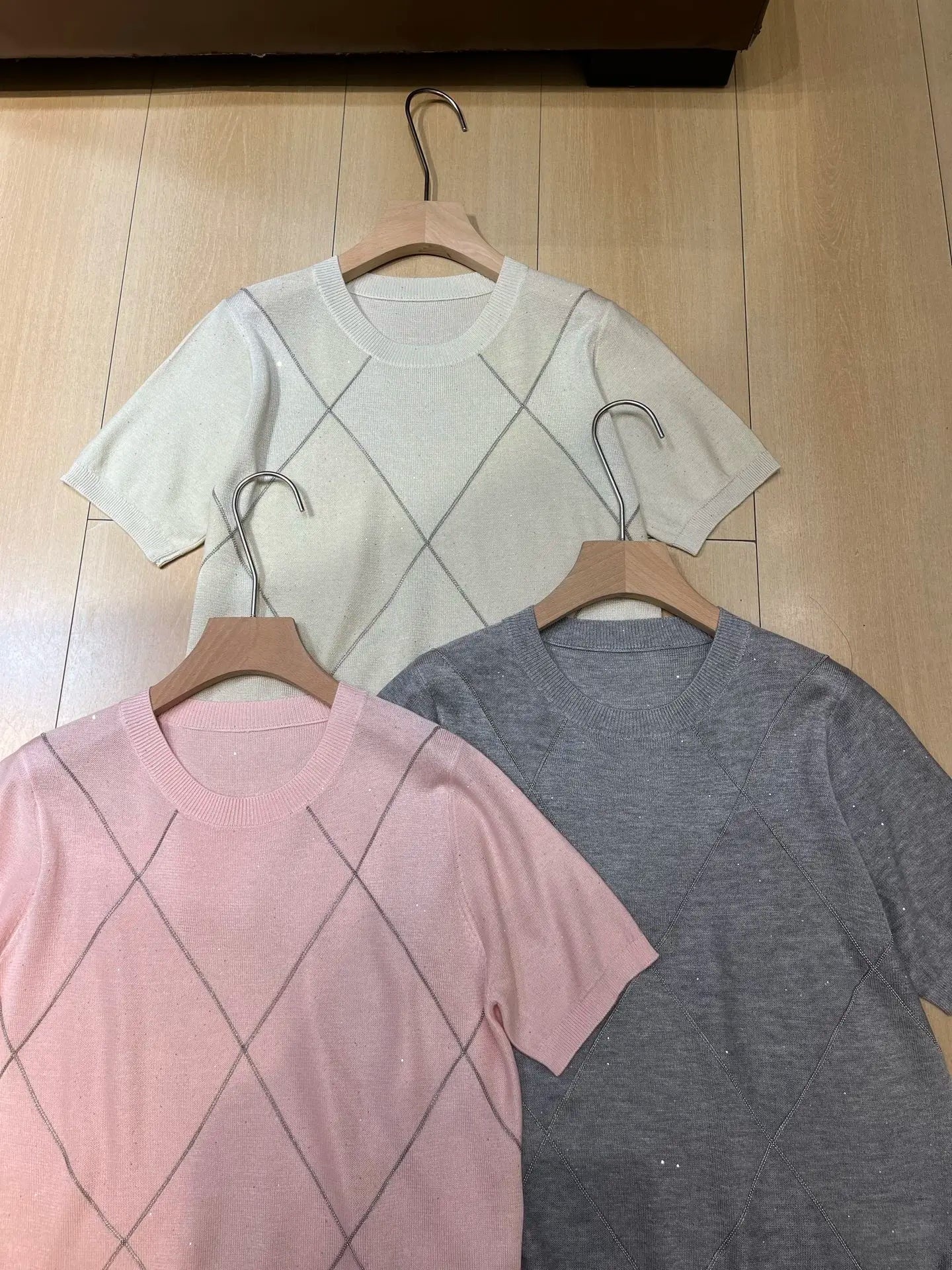 Lace-up Sequined Short-sleeve Knitted Sweater