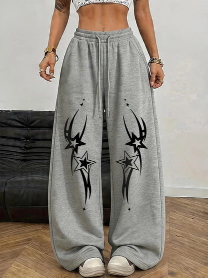 New Women's Plus Size Star Print Pants Fleece Elastic Waist Straight Leg Sweatpants Fashionable and Versatile
