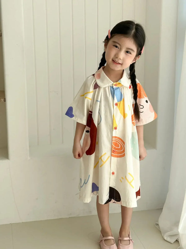 1-8 Y Summer Dress for Girls Adorable Kids Girls Cotton Doodle Print Trendy and Comfort Shirt Dress Perfect Sister Costume