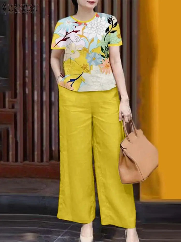 ZANZEA Elegant Casual Pant Sets Women Floral Print Short Sleeve Blouse Wide Leg Trouser Holiday 2pcs Outfits Summer 2-Piece Sets