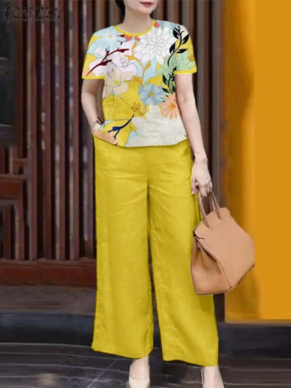 ZANZEA Elegant Casual Pant Sets Women Floral Print Short Sleeve Blouse Wide Leg Trouser Holiday 2pcs Outfits Summer 2-Piece Sets