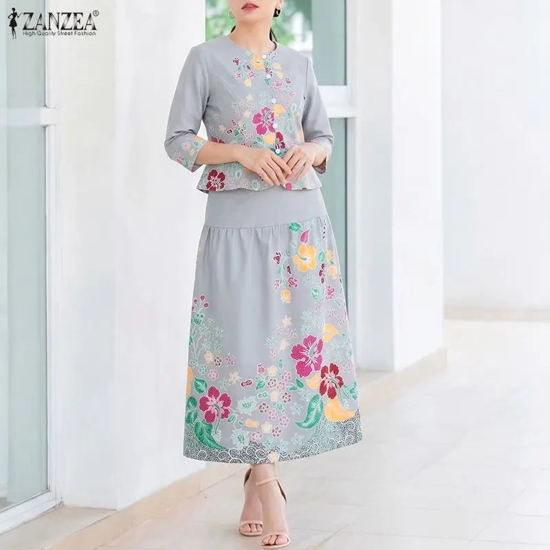 ZANZEA Women Elegant Floral Print 2 Piece Skirt Sets 3/4 Sleeve Short Top & A-Line Maxi Skirts Suits Autumn Matching Sets Outfit