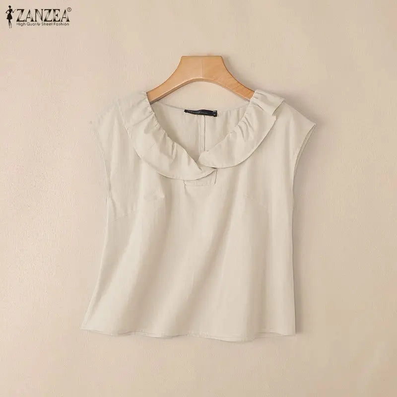 Summer ZANZEA Women Blouse Ruffle V Neck Short Sleeve Cotton Tops Casual Solid Color Blusas OL Work Party Tunic Tee Streetwear
