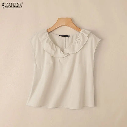 Summer ZANZEA Women Blouse Ruffle V Neck Short Sleeve Cotton Tops Casual Solid Color Blusas OL Work Party Tunic Tee Streetwear