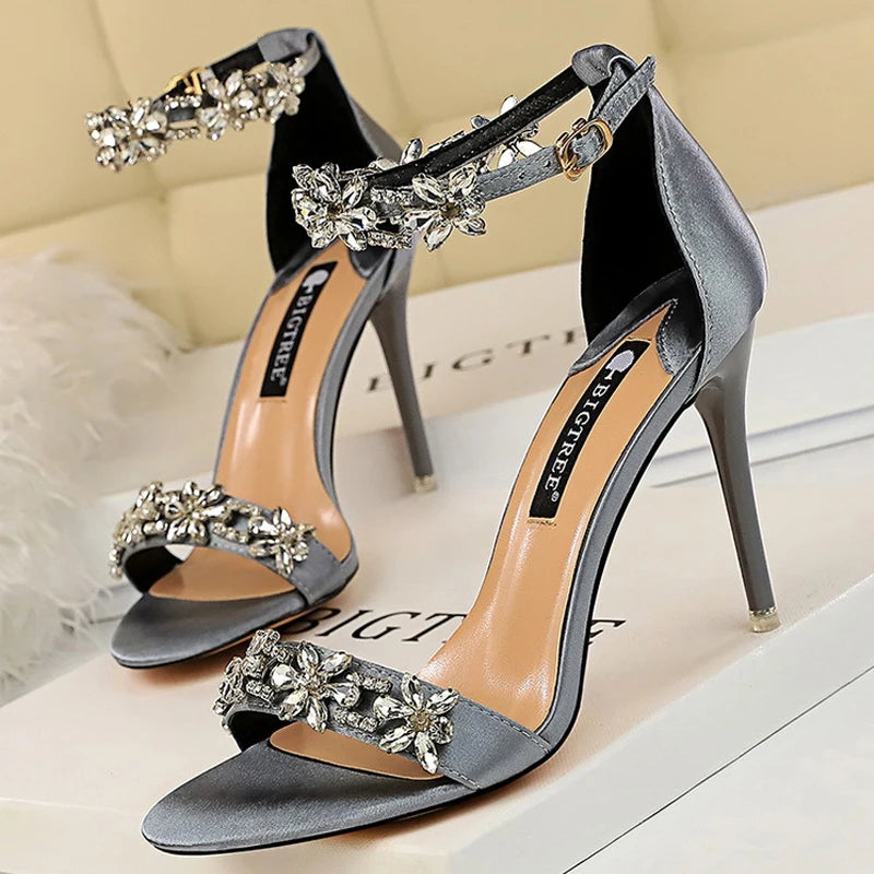BIGTREE Shoes Open Toe Rhinestones Sandals Women 2026 New Designer Sexy High Heels Sandals Female Shoes Summer Heeled Sandals