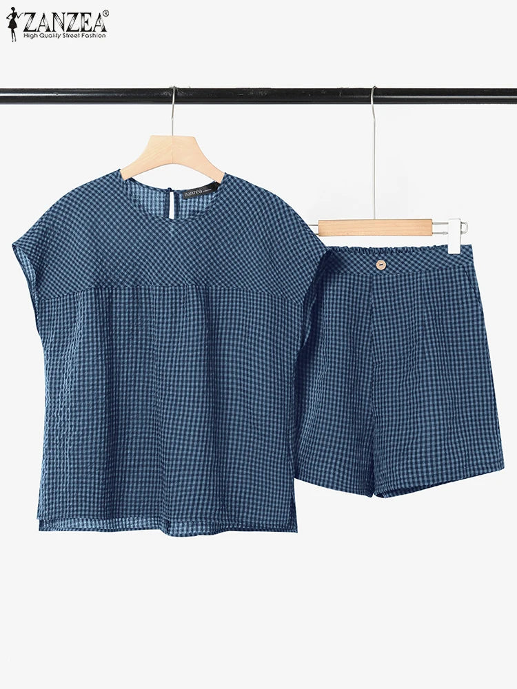 ZANZEA 2025 Vintage Short Sleeve Plaid Checked Blouses Short Sets Summer 2PCS Women Matching Sets Casual Outfits Loose Tracksuit