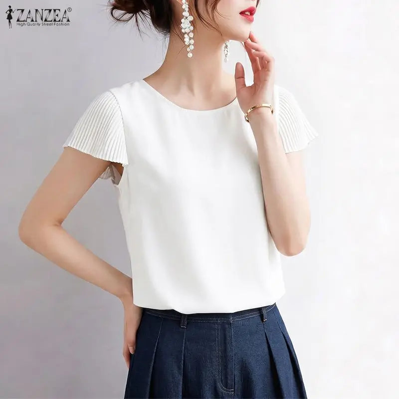 ZANZEA Woman Daily Casual Blouses Pleated Cap Sleeves Round Neck Solid Color Regular Fit Tops 2026 Summer Commute Work Blusas