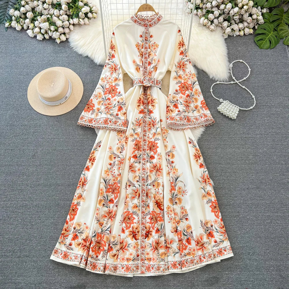 Spring Autumn Women's Dress Vintage Long Sleeve Print Floral High Waist Boho Party Maxi Vestidos Elegant Luxury Long Dresses
