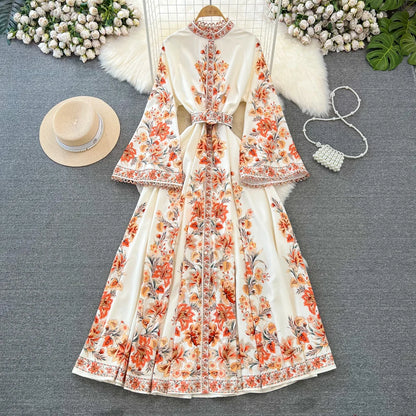 Spring Autumn Women's Dress Vintage Long Sleeve Print Floral High Waist Boho Party Maxi Vestidos Elegant Luxury Long Dresses