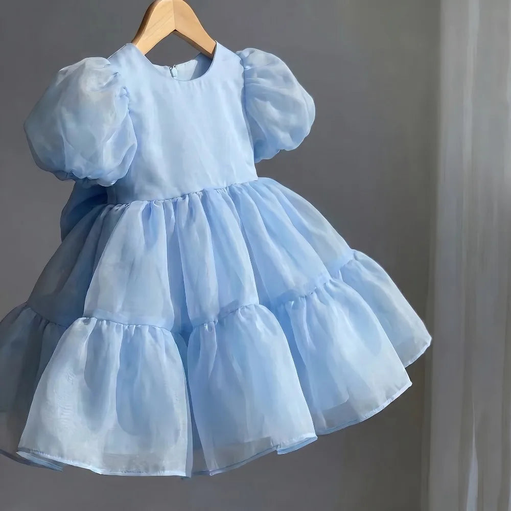 2026 Summer Girls Puff Sleeve Mesh Princess Dresses Sweety Bow Kids Wedding Clothing 1-10years Old Baby Girls Birthday Party Dre
