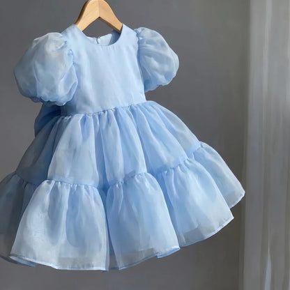 2026 Summer Girls Puff Sleeve Mesh Princess Dresses Sweety Bow Kids Wedding Clothing 1-10years Old Baby Girls Birthday Party Dre