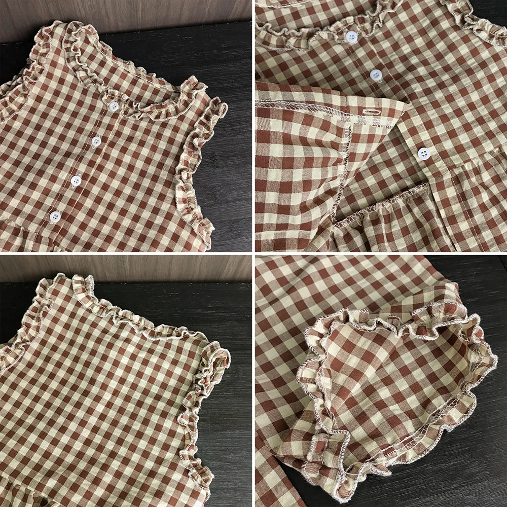 Korean Version 2-10 Year Old Girls and Teenagers Casual Suit with Checkered Lace Single Breasted Top and Pants Two-piece Set