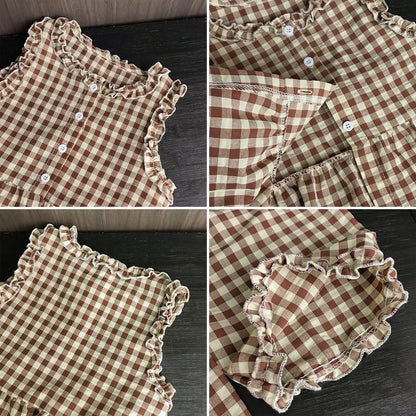 Korean Version 2-10 Year Old Girls and Teenagers Casual Suit with Checkered Lace Single Breasted Top and Pants Two-piece Set