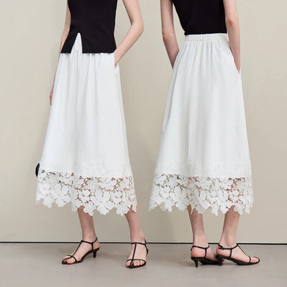 Amii Women's Skirt 2026 Summer New Elastic Waist Cutout Lace Hem Midi Casual Loose Fit Floral Trim Skirt For Women 12622106