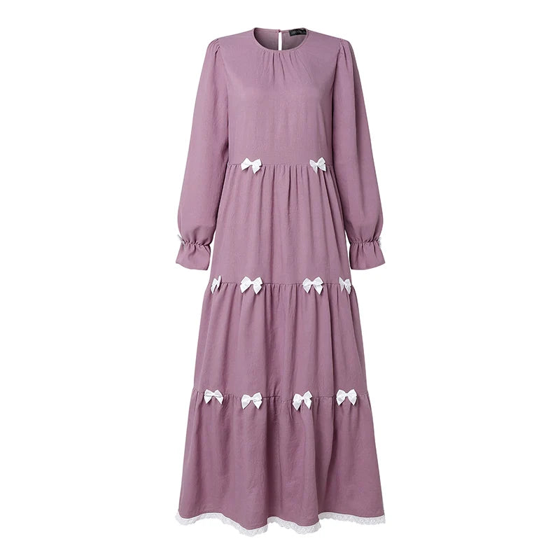 Elegant Muslim Dresses 2026 ZANZEA Ramadan Abaya Women Elegant O Neck Long Sleeve Bows Sundress Dubai Robe Femme Hijab Vestidos