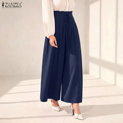 Fashion Summer Autumn Women Pants ZANZEA Wide Leg Pant Solid Pleated Long Trousers Elastic Waist Streetwear Oversize S-3XL