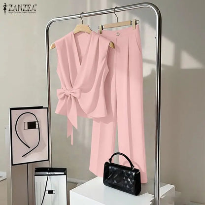 ZANZEA Women Minimalist Matching Pant Sets Wrapped V-Neck Sleeveless Tops & Wide Leg Pants 2 Piece Suits Casual Commute Outfits