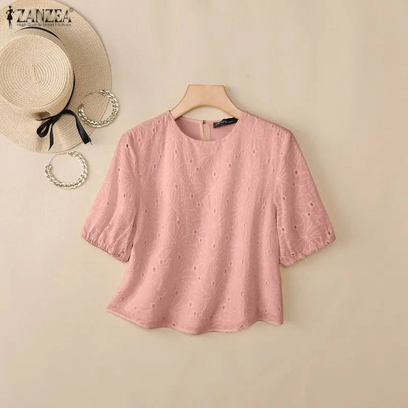ZANZEA Woman Openwork Embrodiered Blouses Casual O-Neck Short Puff Sleeve Solid Color Tops 2026 Summer Patchwork Blusas de Mujer