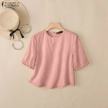 ZANZEA Woman Openwork Embrodiered Blouses Casual O-Neck Short Puff Sleeve Solid Color Tops 2026 Summer Patchwork Blusas de Mujer