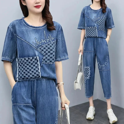 2026 Summer Women Embroidered Mosaic Lattice Denim Two-Piece Suit Fashion Sportswear Female Casual Loose 2 Piece Set Ladies