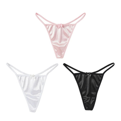 1/3Pcs Women Satin Thong Underwear Sexy Low Waist Bow G-string Cotton Crotch T-back Panties M-2XL