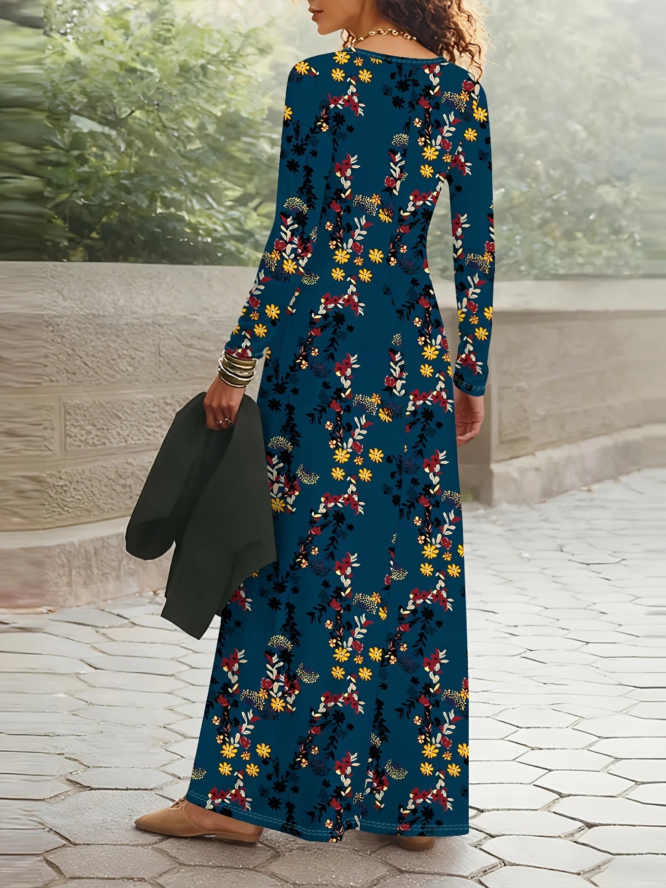 Printed design Casual Style Floral Print On Teal Dress Women's Long Sleeve Dress