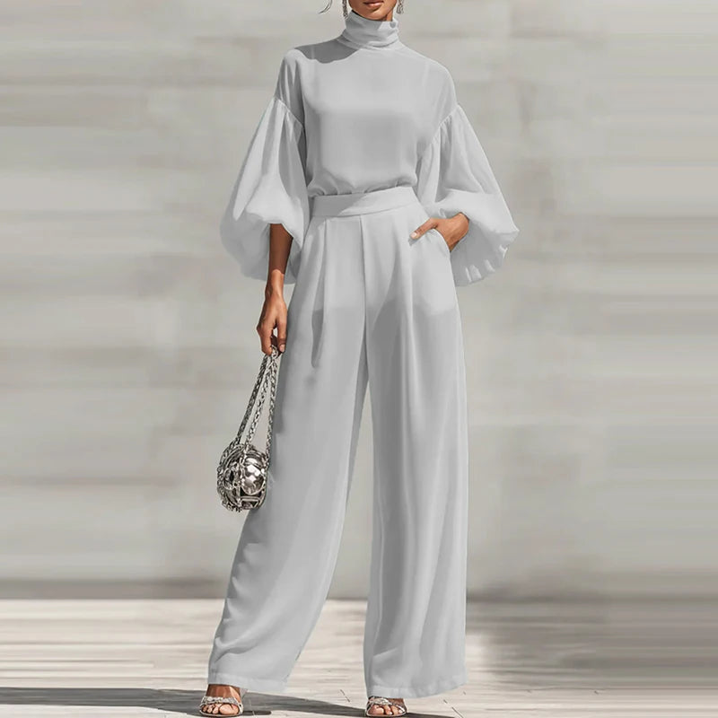 Simple Casual Solid Color Women's Suit Elegant Turtleneck Lantern Sleeve Top & High Waist Pants Set Autumn Loose 2 Piece Outfits