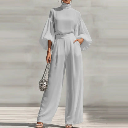 Simple Casual Solid Color Women's Suit Elegant Turtleneck Lantern Sleeve Top & High Waist Pants Set Autumn Loose 2 Piece Outfits