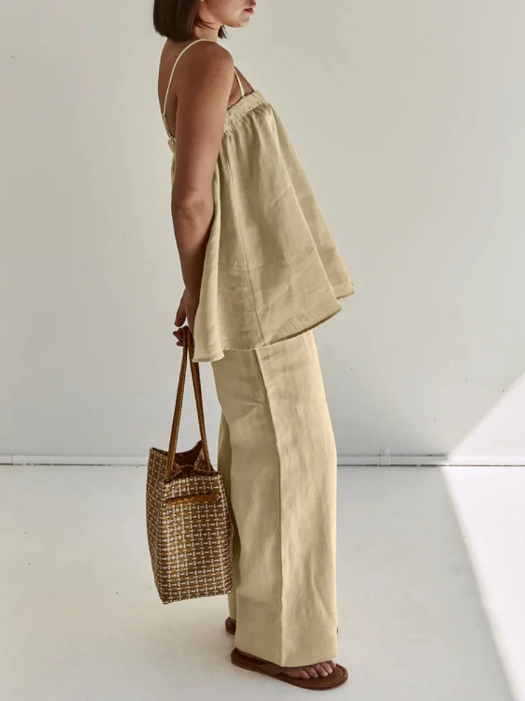 Women Linen Two Piece Set Spaghetti Strap Loose Cami Top Wide Leg Pants Summer Casual Vacation Outfit Matching Suit