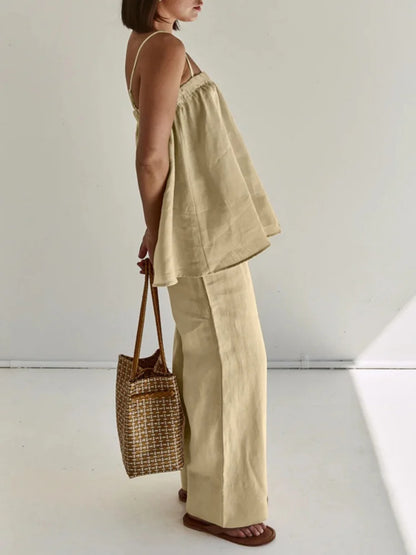 Women Linen Two Piece Set Spaghetti Strap Loose Cami Top Wide Leg Pants Summer Casual Vacation Outfit Matching Suit