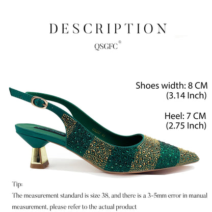 2026 Nigerian Women Heel Ladies Italian Luxury Design Green Shoes And Bag Set Decorated with Rhinestone Handbag Wedding Party