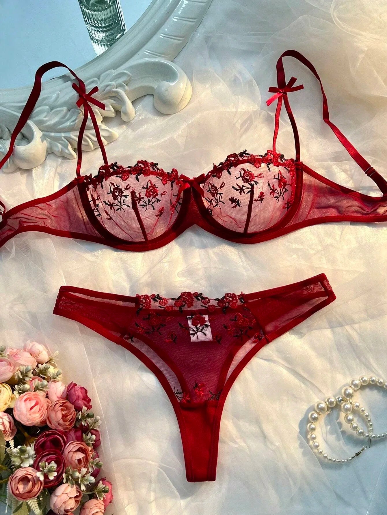 New Pink Transparent Bra Women Lingerie Set Ladies Embroidery Floral Bras Underwear Sets