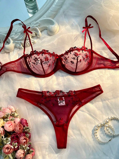 New Pink Transparent Bra Women Lingerie Set Ladies Embroidery Floral Bras Underwear Sets