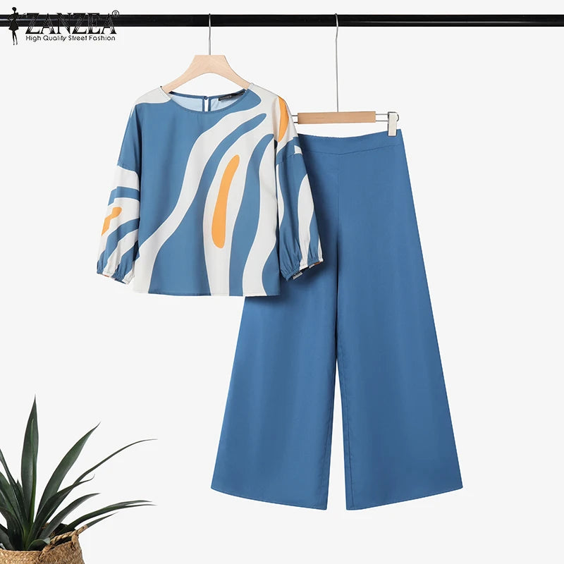 ZANZEA Women's Pant Sets with Abstract Waves Print 3/4 Sleeve Blouse & Wide Leg Pant 2 Pieces Suits Summer Casual 2pcs Outfits