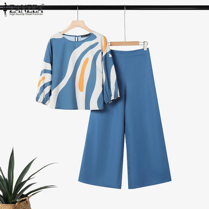 ZANZEA Women's Pant Sets with Abstract Waves Print 3/4 Sleeve Blouse & Wide Leg Pant 2 Pieces Suits Summer Casual 2pcs Outfits