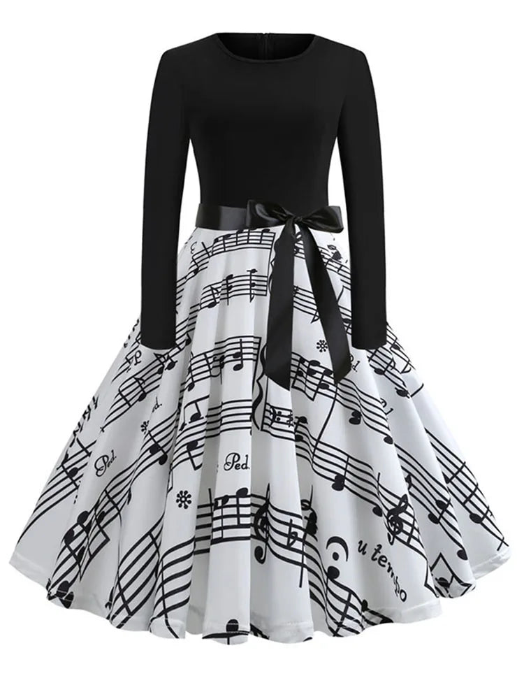 Music Note Print Elegant Party Dress Women Retro Vintage Casual Spring Autumn Midi Dresses
