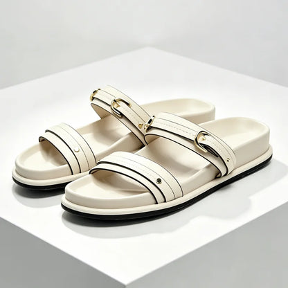 Designer Metal Buckle White Flat Sandals Women Summer Comfortable Non-slip Slide Sandals Soft Bottom Flip-flops Beach Slippers