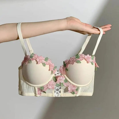 Vintage Floral Lingerie Set Cream Lace Bralette, Retro Push Up Bra for Small Bust Women Pure & Sensual Embroidered Wireless