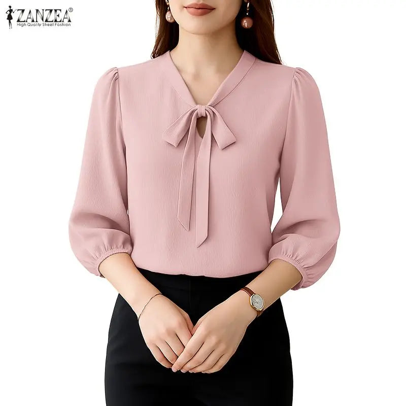 ZANZEA Elegant Minimalist Woman Blouses Bow Tie Neck 3/4 Puff Sleeve Crinkled Texture Solid Color Tops Summer Blusas de Mujer