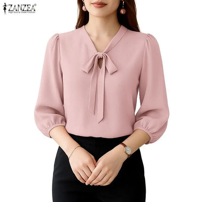ZANZEA Elegant Minimalist Woman Blouses Bow Tie Neck 3/4 Puff Sleeve Crinkled Texture Solid Color Tops Summer Blusas de Mujer