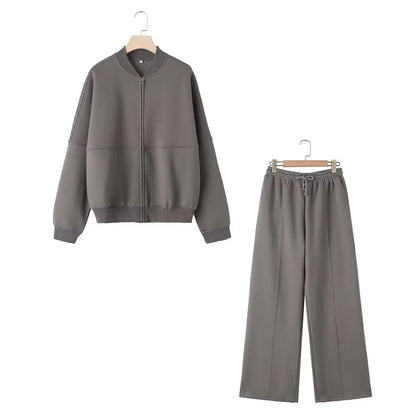 HH Women's 2-piece Retro Solid Color Zipper Bomber Jacket Sweatshirt + High-waisted Lace-up Women's Loose Velvet Pants Suit