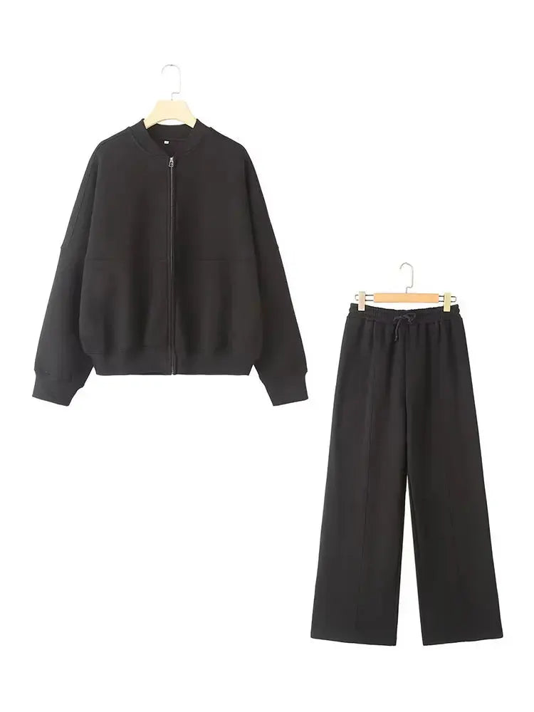 HH Women's 2-piece Retro Solid Color Zipper Bomber Jacket Sweatshirt + High-waisted Lace-up Women's Loose Velvet Pants Suit